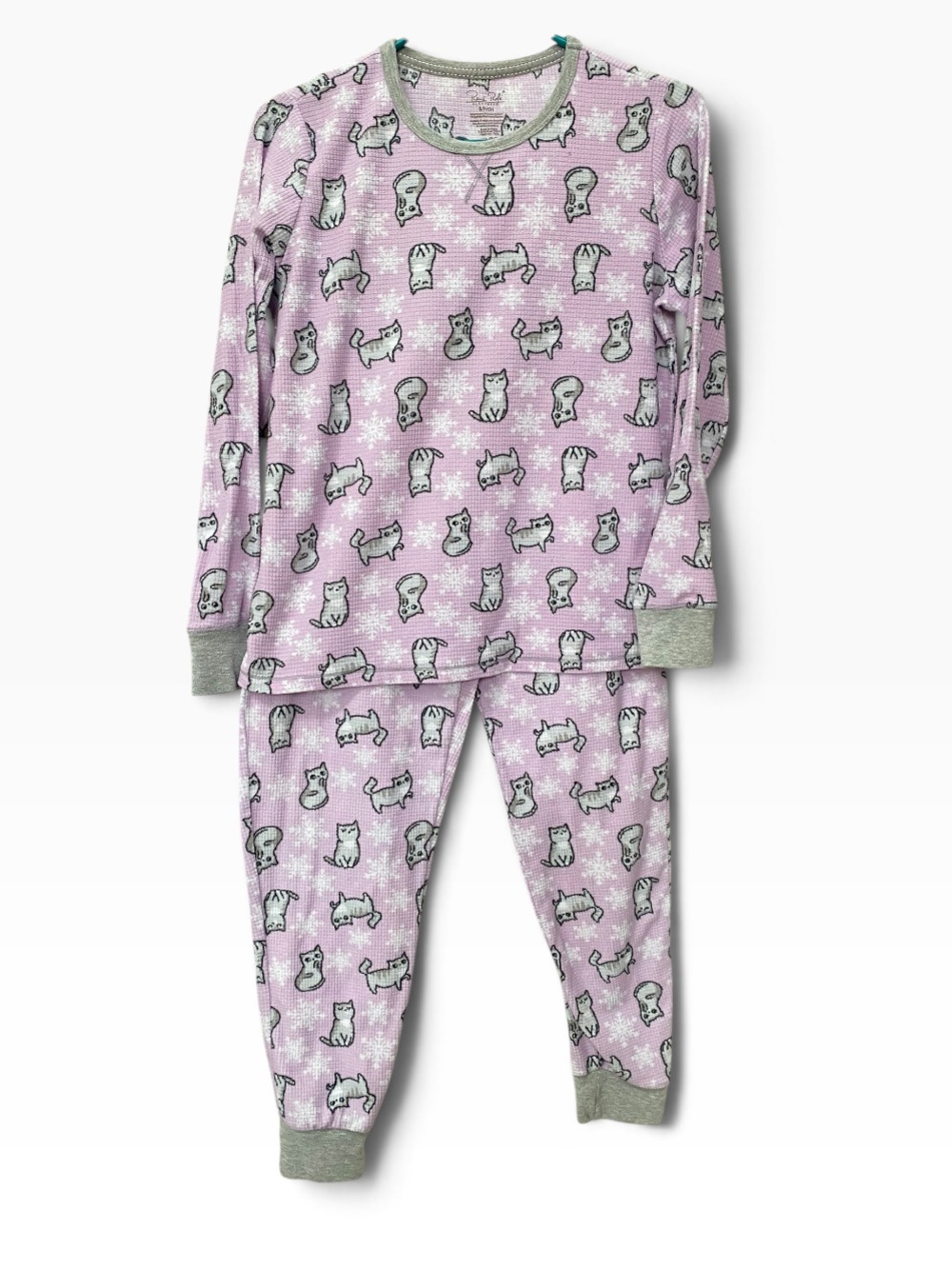 Rene Rofe Pink Gray Cat Print Warm Pajama Set ladies size Small kitten 2 piece